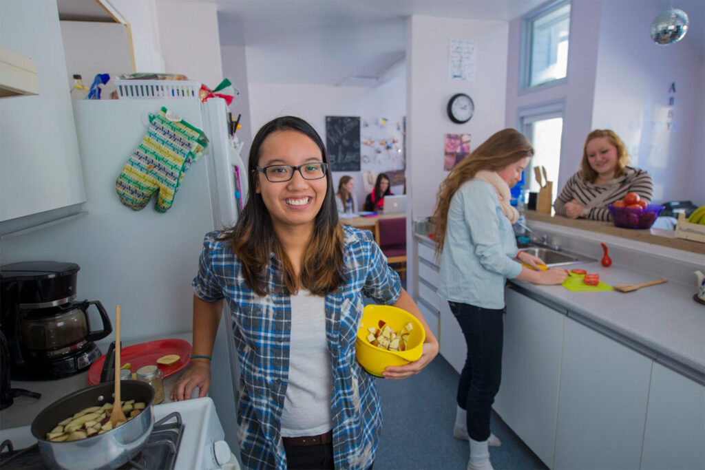 A female student in a plaid shirt is cooking on the stove while two female students are cutting vegetables in the dorm