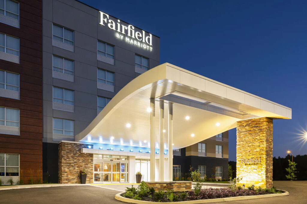 Fairfield Hotel entrance at night